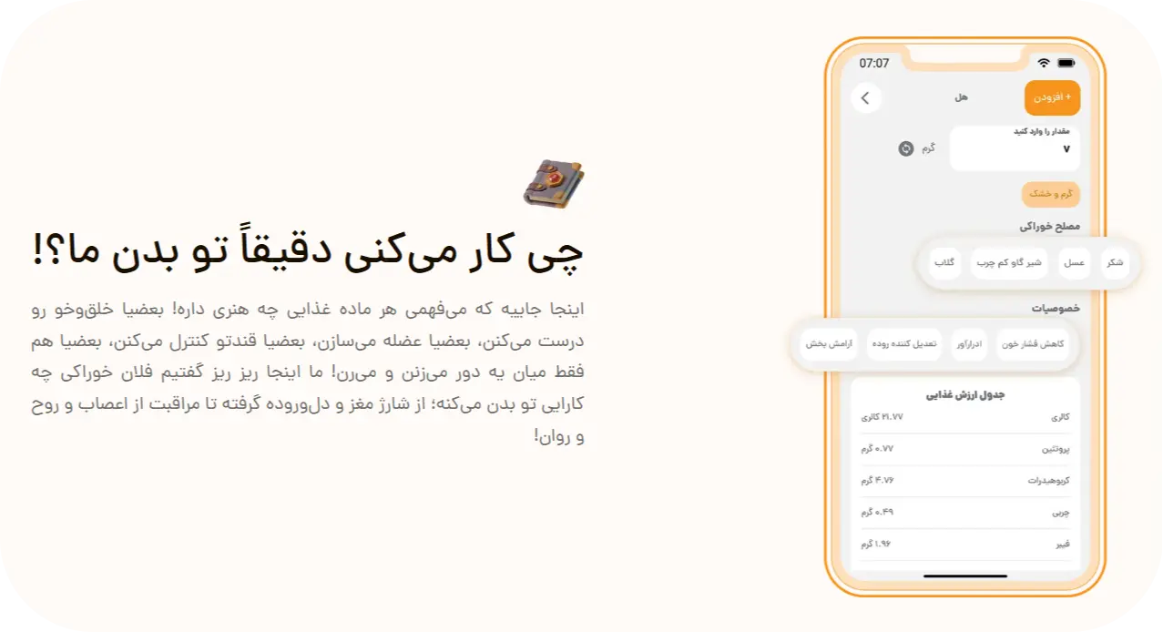 کالری شماری، ماکروشماری و طبع غذاها در اپلیکیشن MyNextBody