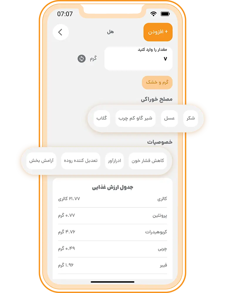 طبع مواد غذایی و مصلحات غذاها در اپلیکیشن کالری‌شمار MyNextBody